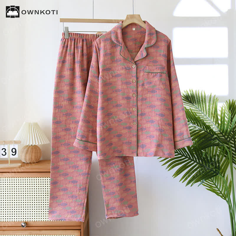 Pyjama-Set aus Baumwollgaze mit Jacquard-Fischmuster