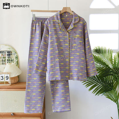 Pyjama-Set aus Baumwollgaze mit Jacquard-Fischmuster