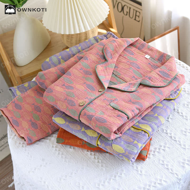 Pyjama-Set aus Baumwollgaze mit Jacquard-Fischmuster
