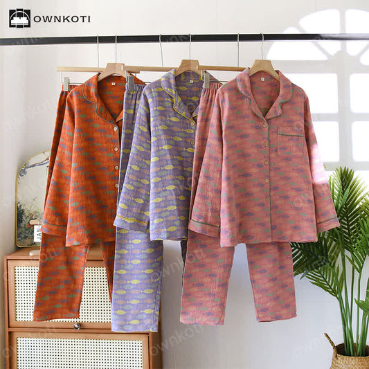 Pyjama-Set aus Baumwollgaze mit Jacquard-Fischmuster