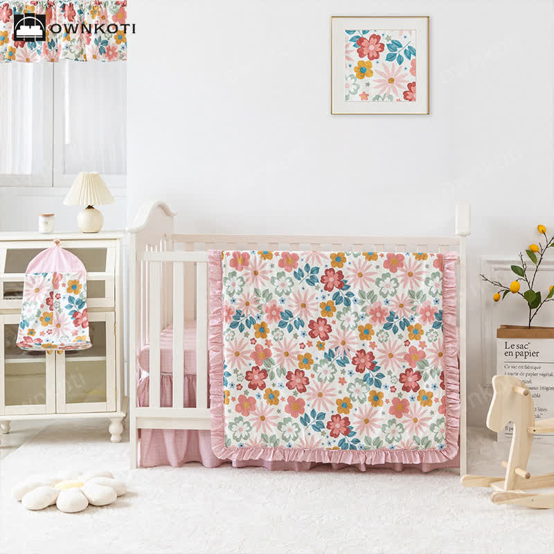 Mädchenhaftes rosafarbenes Babybett-Bettwäscheset aus Baumwolle (3-teilig)