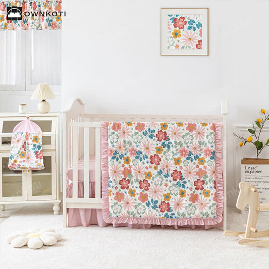 Mädchenhaftes rosafarbenes Babybett-Bettwäscheset aus Baumwolle (3-teilig)