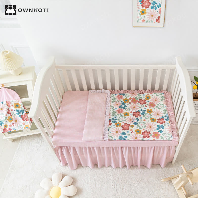 Mädchenhaftes rosafarbenes Babybett-Bettwäscheset aus Baumwolle (3-teilig)