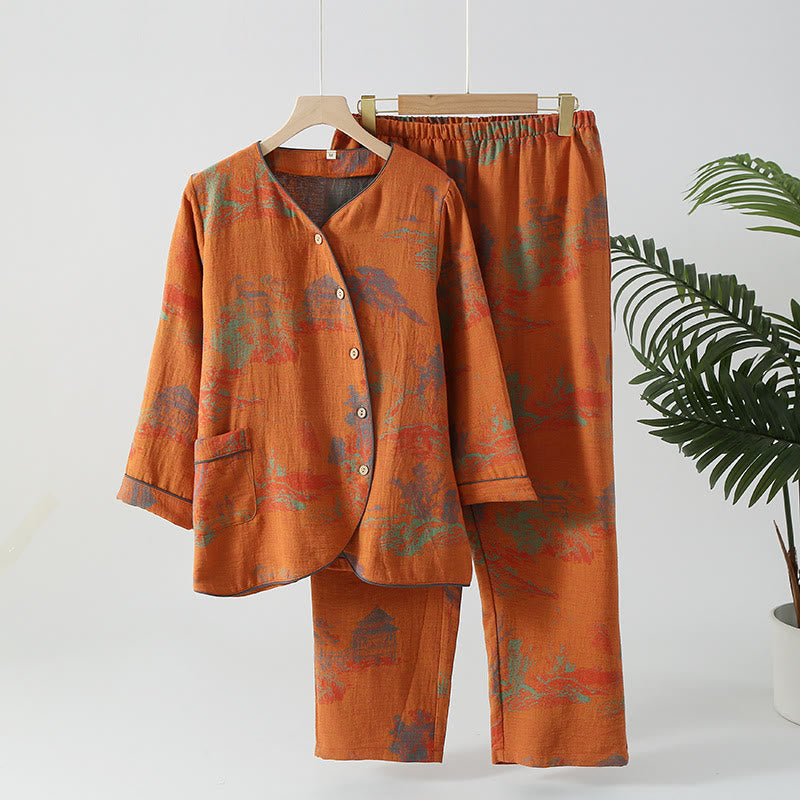 Langärmliges Jacquard-Pyjama-Set aus Baumwollgaze