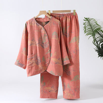 Langärmliges Jacquard-Pyjama-Set aus Baumwollgaze