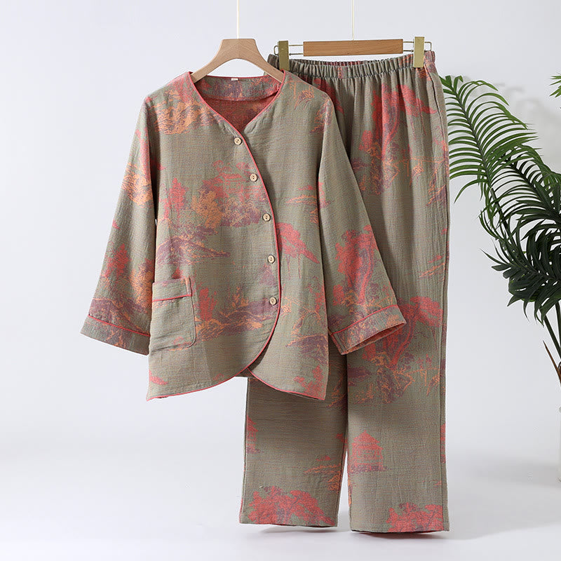 Langärmliges Jacquard-Pyjama-Set aus Baumwollgaze