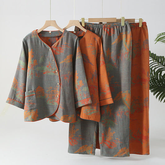 Langärmliges Jacquard-Pyjama-Set aus Baumwollgaze