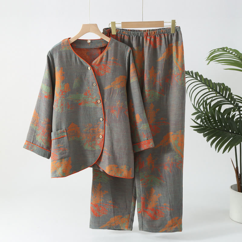 Langärmliges Jacquard-Pyjama-Set aus Baumwollgaze