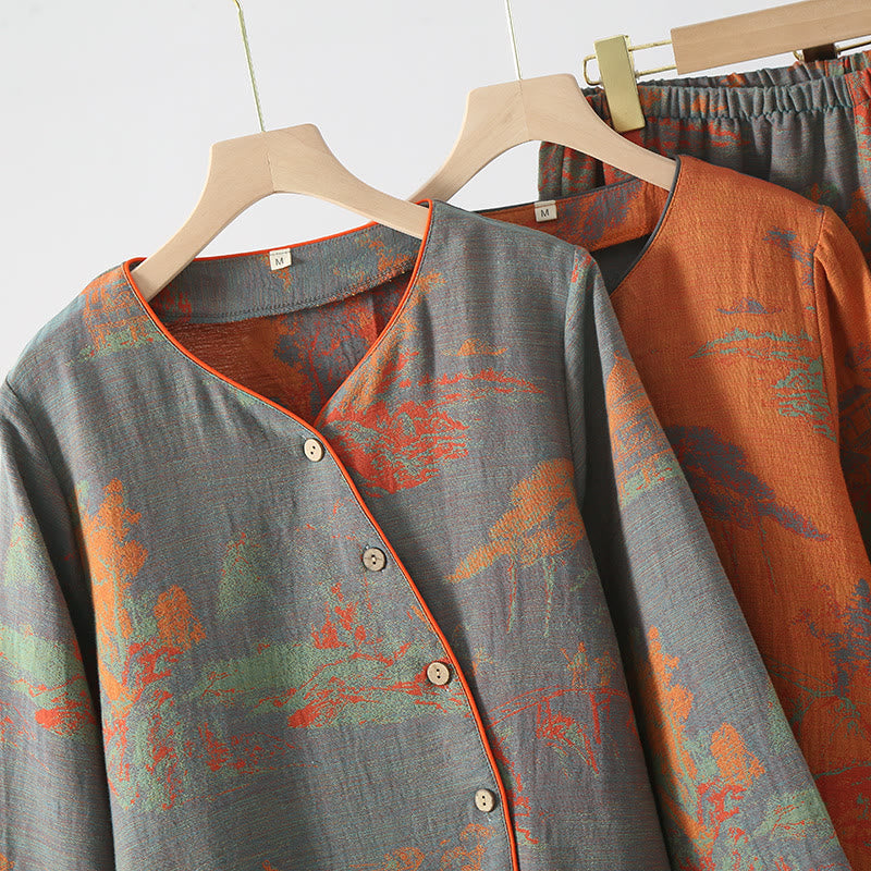 Langärmliges Jacquard-Pyjama-Set aus Baumwollgaze