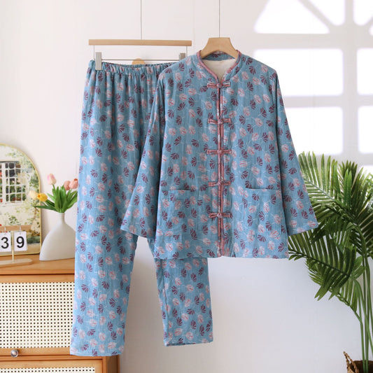 Warmes Pyjama-Set aus Baumwolle mit Froschknöpfen und Blumenmuster