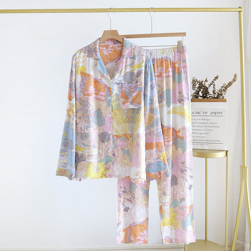 Langärmliges Satin-Pyjama-Set für den ländlichen Raum