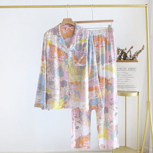 Langärmliges Satin-Pyjama-Set für den ländlichen Raum