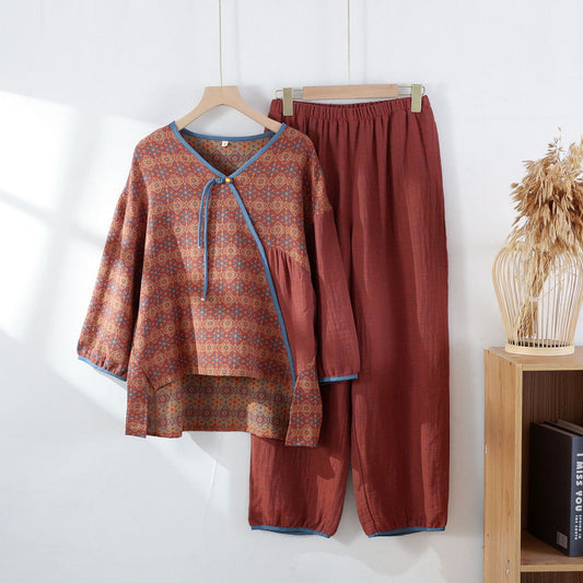 Vintage Ethno Baumwollgaze Nachtwäsche Set