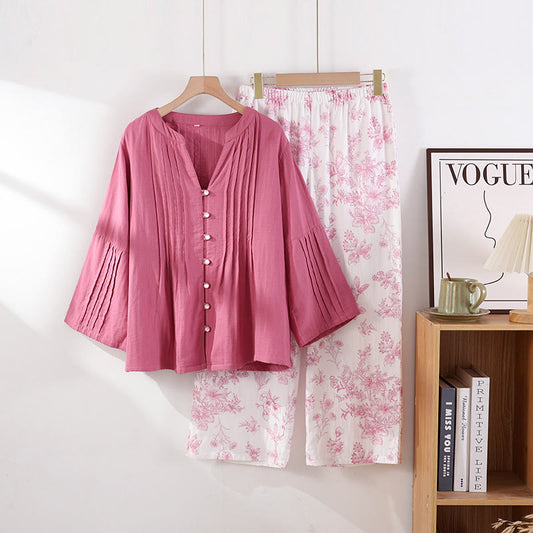 Lässiges Pyjama-Set aus Baumwollgaze mit Blumenmuster