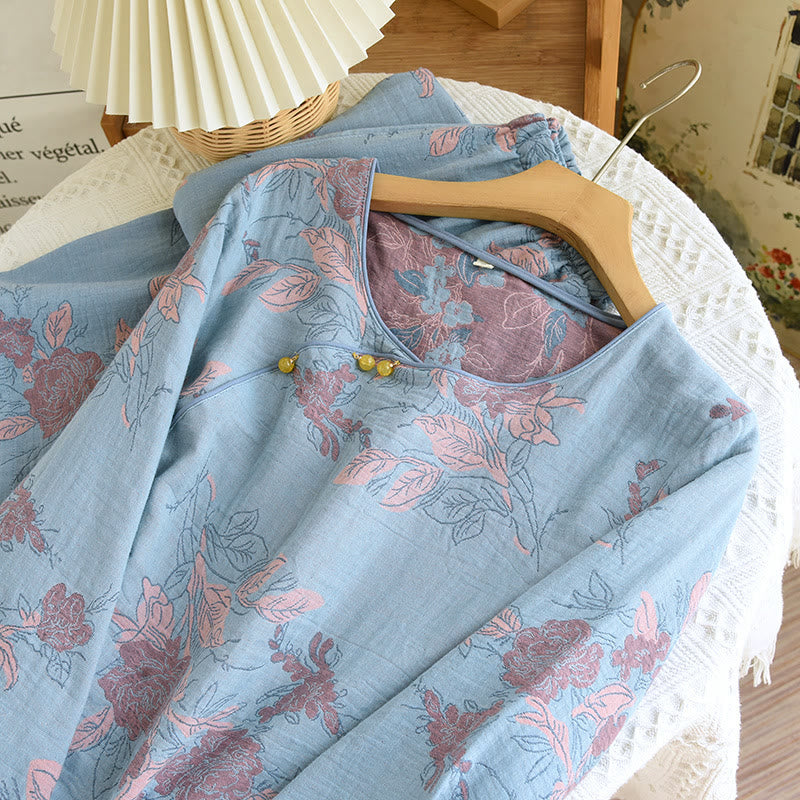 Loungewear-Set aus Baumwolle mit Rundhalsausschnitt und Blumenmuster im Jacquard-Stil