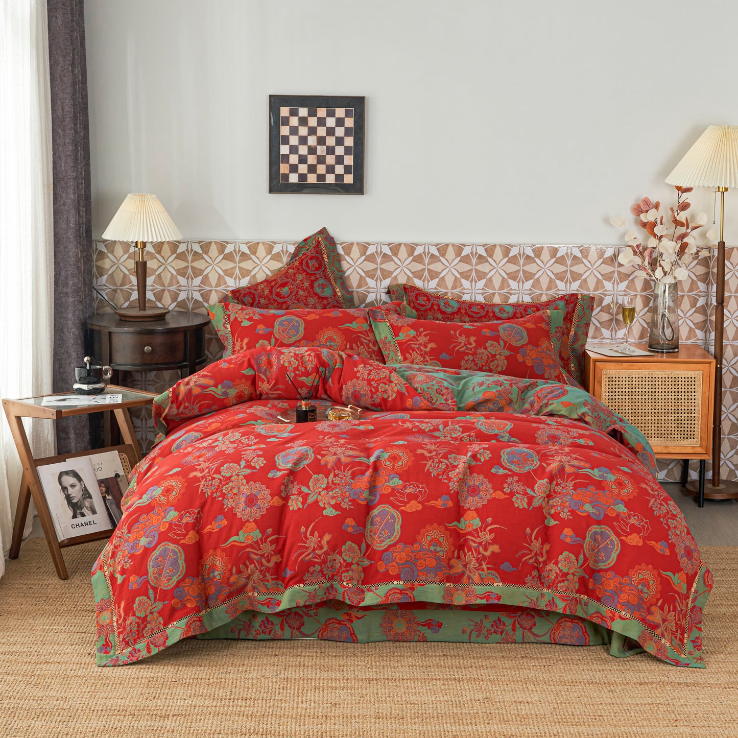 Luxuriöse Bettwäsche-Sets aus Baumwollgaze mit Blumenmuster (4-teilig)