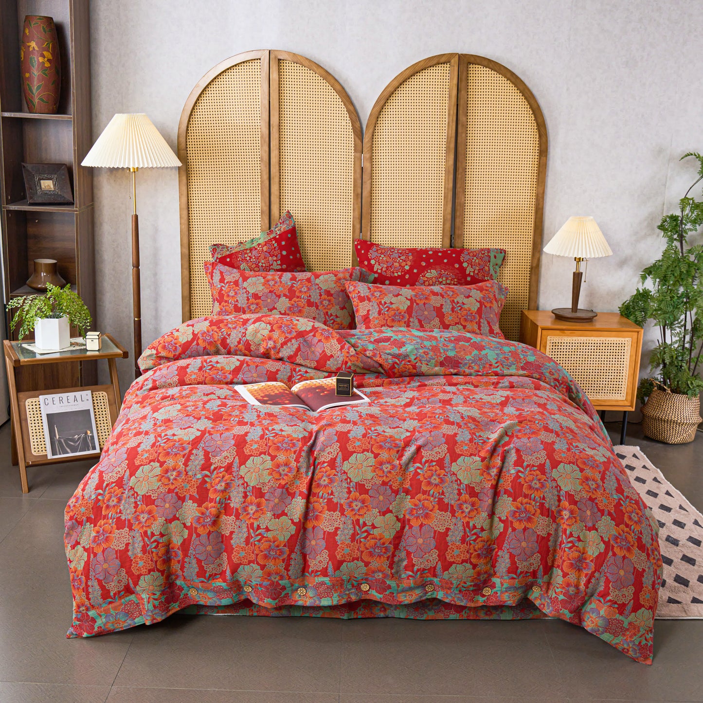 Bettbezug-Set aus Baumwollgaze mit Blumenmuster (4-teilig)