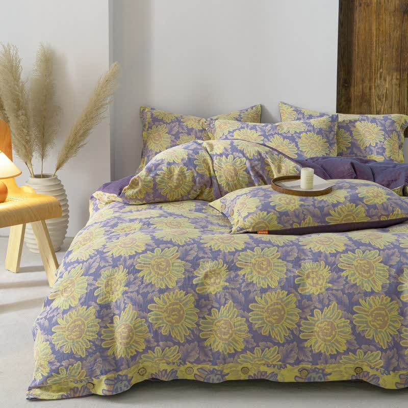 Jacquard-Bettwäscheset aus Baumwollgaze mit Sonnenblumenmotiv (4-teilig)