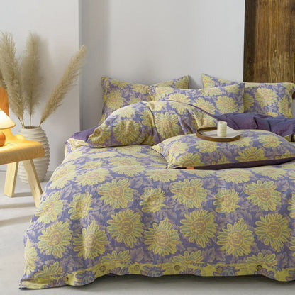 Jacquard-Bettwäscheset aus Baumwollgaze mit Sonnenblumenmotiv (4-teilig)