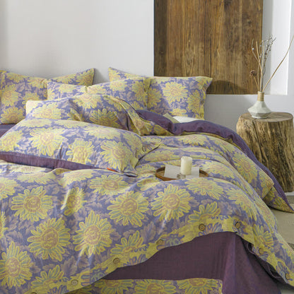 Jacquard-Bettwäscheset aus Baumwollgaze mit Sonnenblumenmotiv (4-teilig)