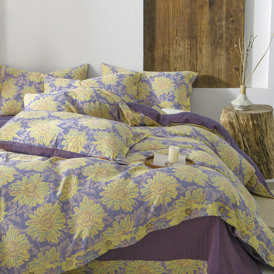 Jacquard-Bettwäscheset aus Baumwollgaze mit Sonnenblumenmotiv (4-teilig)