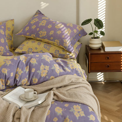 Jacquard-Bettwäscheset aus Baumwollgaze mit Blumenmuster und Knöpfen (4-teilig)