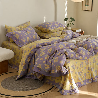 Jacquard-Bettwäscheset aus Baumwollgaze mit Blumenmuster und Knöpfen (4-teilig)