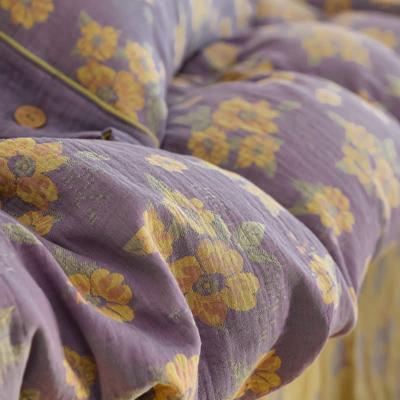 Jacquard-Bettwäscheset aus Baumwollgaze mit Blumenmuster und Knöpfen (4-teilig)