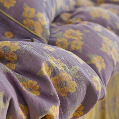 Jacquard-Bettwäscheset aus Baumwollgaze mit Blumenmuster und Knöpfen (4-teilig)