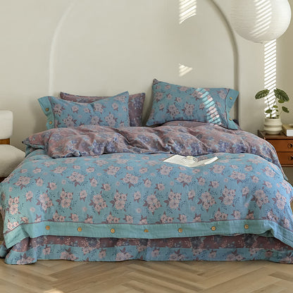 Jacquard-Bettwäscheset aus Baumwollgaze mit Blumenmuster und Knöpfen (4-teilig)