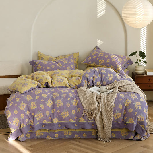 Jacquard-Bettwäscheset aus Baumwollgaze mit Blumenmuster und Knöpfen (4-teilig)