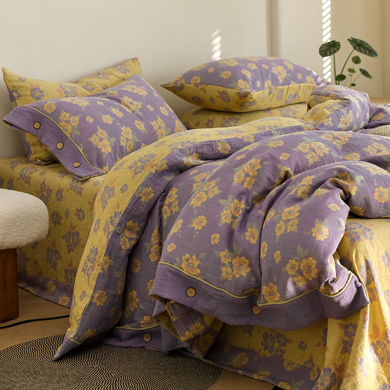 Jacquard-Bettwäscheset aus Baumwollgaze mit Blumenmuster und Knöpfen (4-teilig)