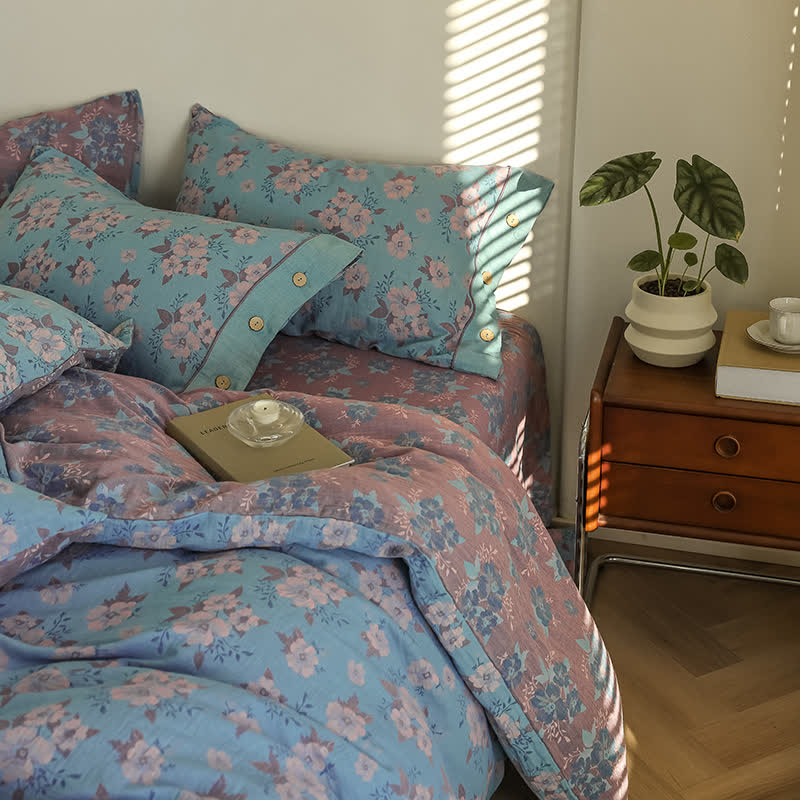 Jacquard-Bettwäscheset aus Baumwollgaze mit Blumenmuster und Knöpfen (4-teilig)