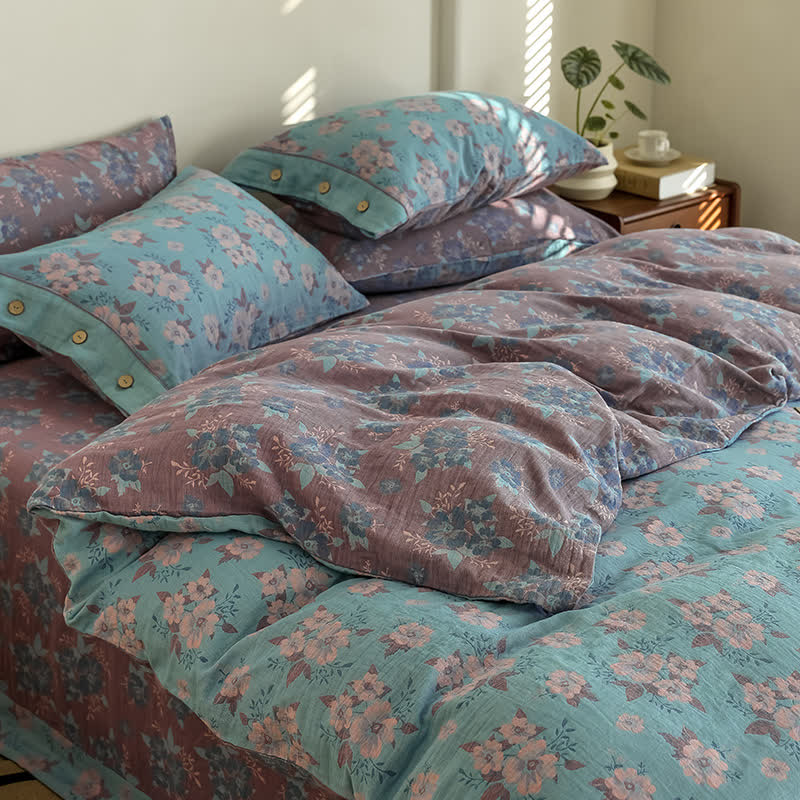 Jacquard-Bettwäscheset aus Baumwollgaze mit Blumenmuster und Knöpfen (4-teilig)