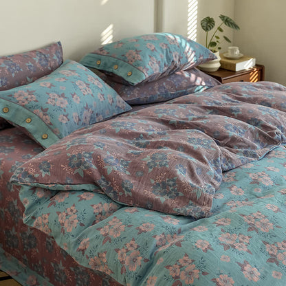 Jacquard-Bettwäscheset aus Baumwollgaze mit Blumenmuster und Knöpfen (4-teilig)