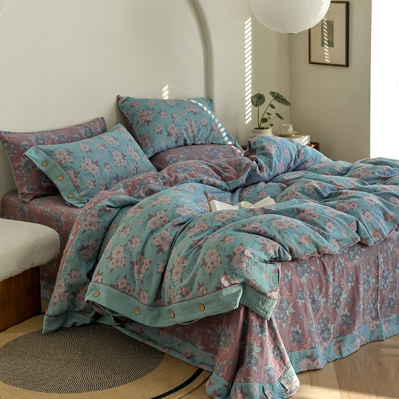 Jacquard-Bettwäscheset aus Baumwollgaze mit Blumenmuster und Knöpfen (4-teilig)
