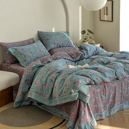 Jacquard-Bettwäscheset aus Baumwollgaze mit Blumenmuster und Knöpfen (4-teilig)
