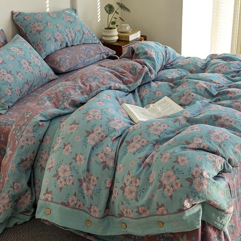 Jacquard-Bettwäscheset aus Baumwollgaze mit Blumenmuster und Knöpfen (4-teilig)