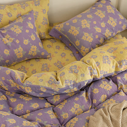 Jacquard-Bettwäscheset aus Baumwollgaze mit Blumenmuster und Knöpfen (4-teilig)