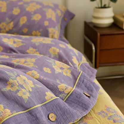 Jacquard-Bettwäscheset aus Baumwollgaze mit Blumenmuster und Knöpfen (4-teilig)
