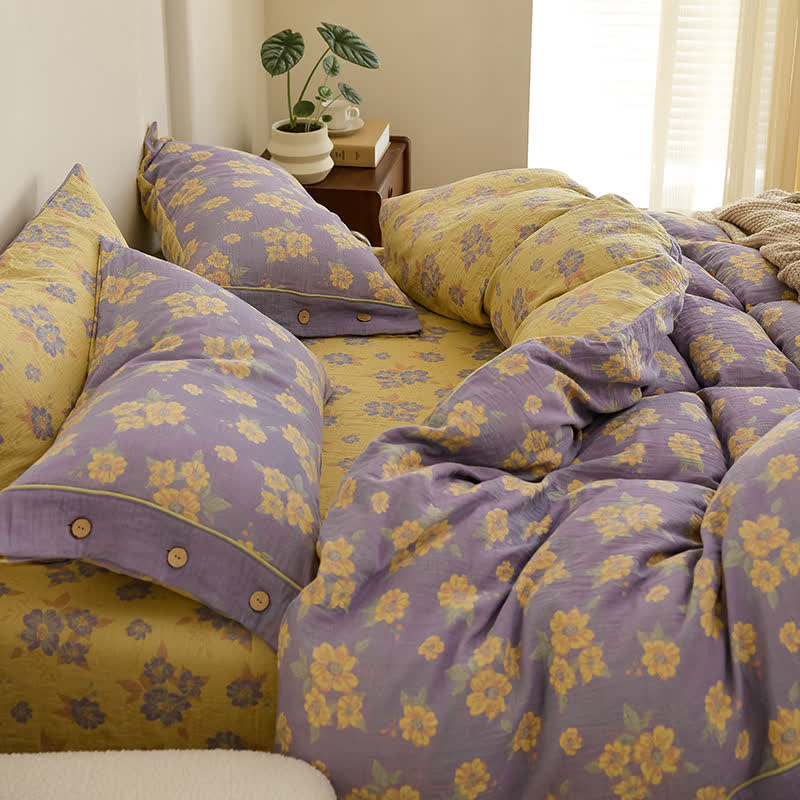 Jacquard-Bettwäscheset aus Baumwollgaze mit Blumenmuster und Knöpfen (4-teilig)