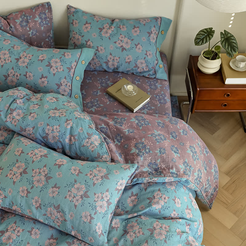 Jacquard-Bettwäscheset aus Baumwollgaze mit Blumenmuster und Knöpfen (4-teilig)