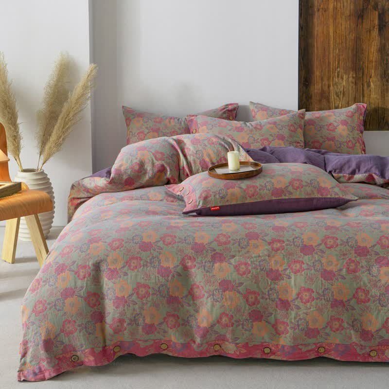 Bettbezug-Set mit Blumenknöpfen (4-teilig)