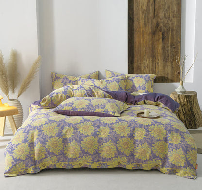 Jacquard-Bettwäscheset aus Baumwollgaze mit Sonnenblumenmotiv (4-teilig)