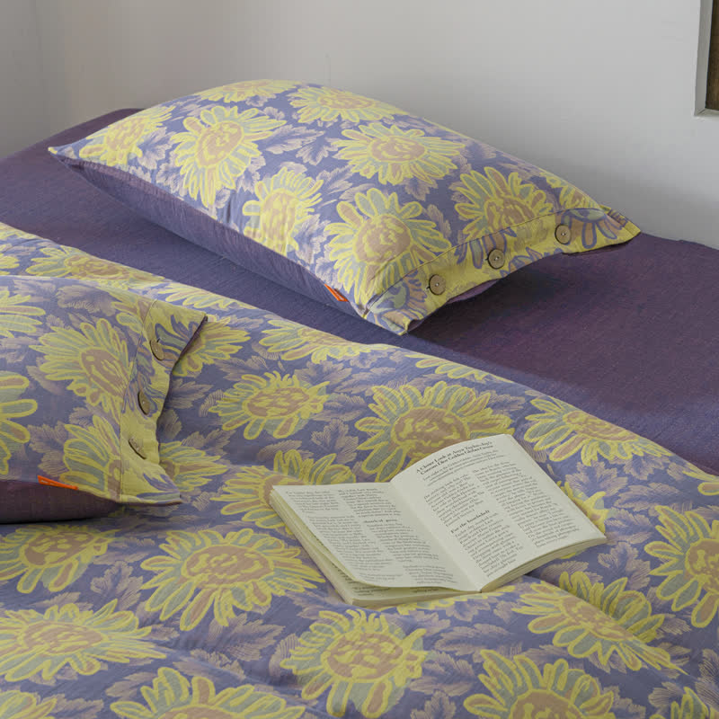 Jacquard-Bettwäscheset aus Baumwollgaze mit Sonnenblumenmotiv (4-teilig)