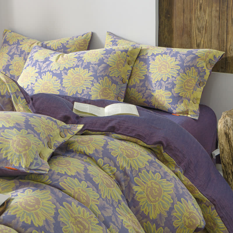 Jacquard-Bettwäscheset aus Baumwollgaze mit Sonnenblumenmotiv (4-teilig)
