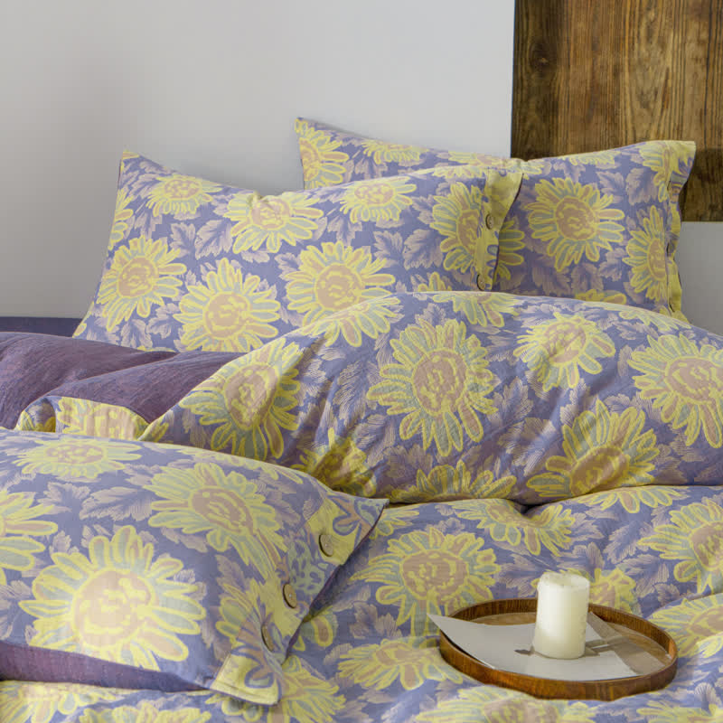 Jacquard-Bettwäscheset aus Baumwollgaze mit Sonnenblumenmotiv (4-teilig)