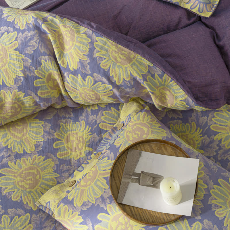 Jacquard-Bettwäscheset aus Baumwollgaze mit Sonnenblumenmotiv (4-teilig)