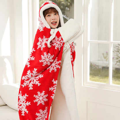 Fleece-Schaldecke mit Kapuze und Handschuhen im Schneeflocken-Design