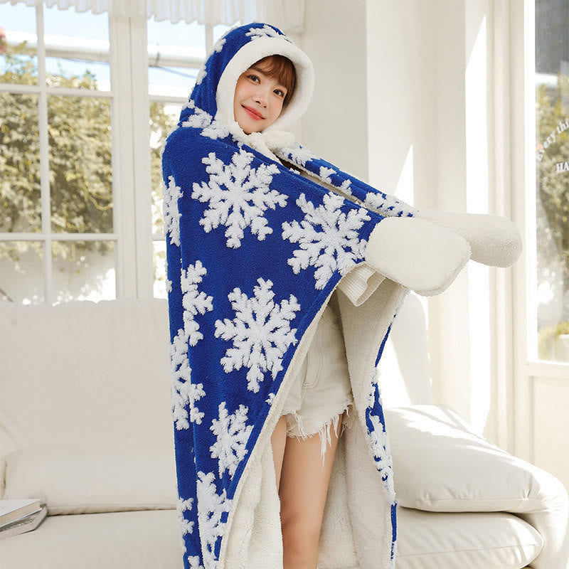 Fleece-Schaldecke mit Kapuze und Handschuhen im Schneeflocken-Design